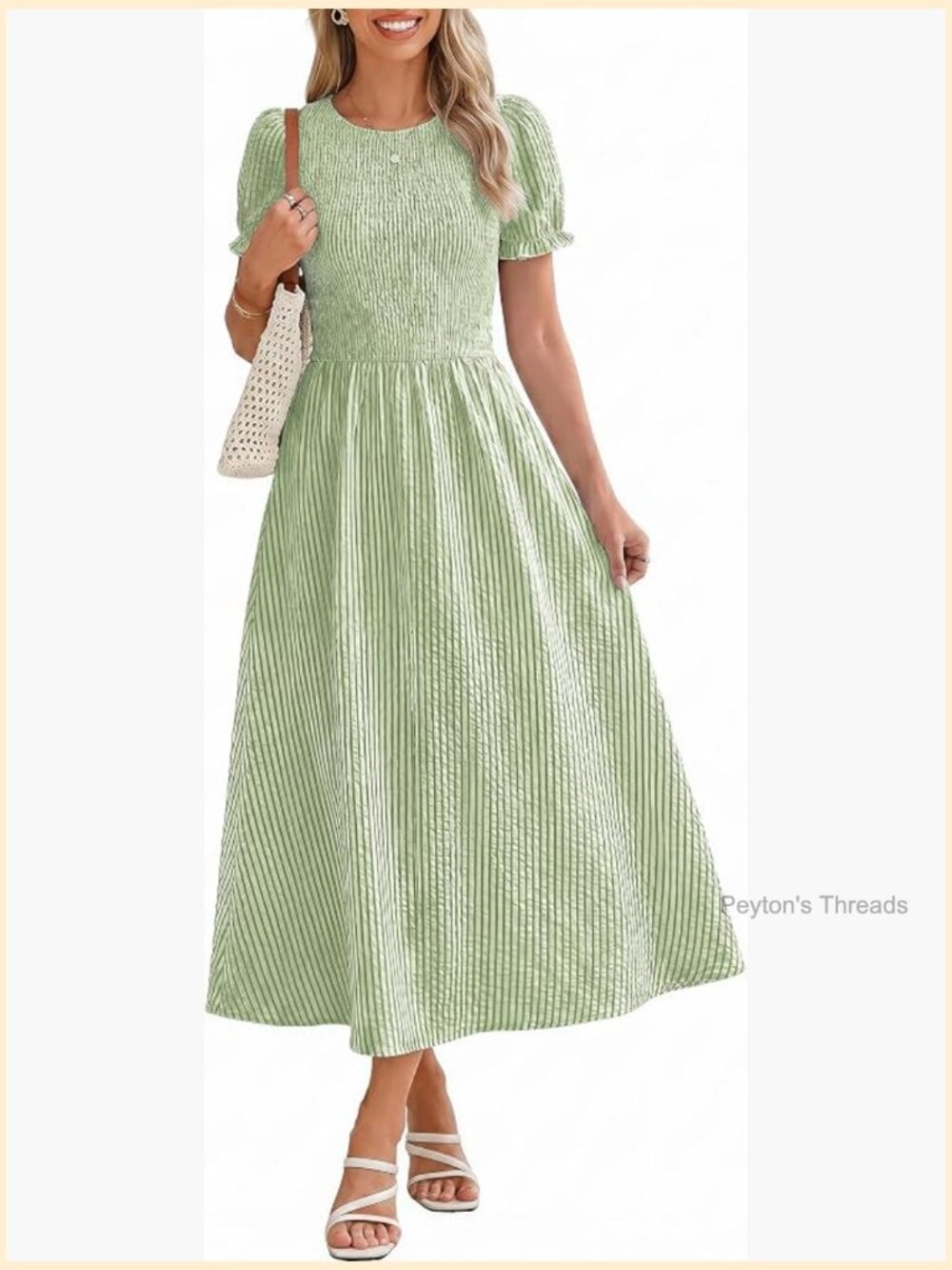 Striped Smocked Puff Sleeve Midi Dress with Pockets